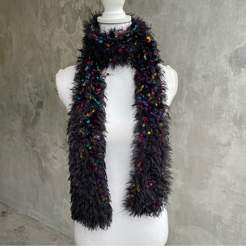 Vintage y2k Handmade Black and Rainbow Fuzzy Scarf